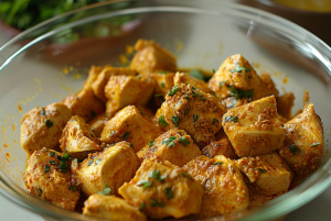 Bowl of marinated chicken pieces to make chicken tandoori tikka.