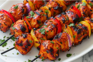  Close-up of chicken tandoori tikka skewers on a plate, garnished with fresh herbs