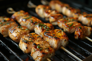 Close-up of skewered chicken cubes sizzling on a grill pan for chicken tikka dishes