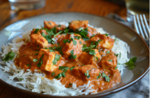 A mouthwatering plate of chicken tikka masala curry with fluffy basmati rice , one of the chicken tikka dishes