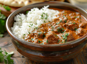 A tantalizing rice bowl filled with aromatic mutton rogan josh, topped with fresh herbs for mutton rogan josh recipe