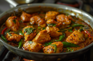 A pan of chicken 65 gravy with mustard seeds, greenchillies and curry leaves tempering