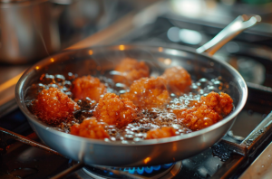 Chicken pakoras sizzling in the pan for chicken pakora recipe