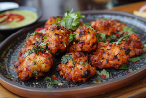 A plate of chicken pakoras made using antibiotic-residue-free chicken from FreshToHome garnished with coriander leaves for chicken pakora recipe