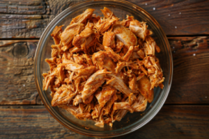 A bowl of fresh shredded chicken seasoned with salt and romatic spices lying on a rusting wooden background