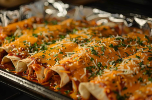 Chicken enchiladas on the baking tray lied side by side with melting, bubbling cheese on and around.