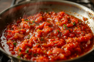 Tomatoes sizzling and cooking in pan to make chicken changezi masala