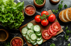 Slices of cucumber and tomatoes on a wooden board with other ingredients around to make a grilled chicken sandwich.