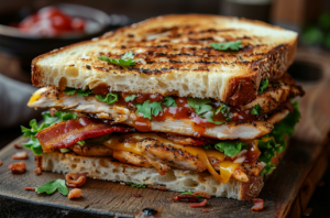 Juicy grilled chicken sandwich on a wooden board.