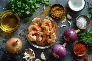 A bowl of fresh prawns surrounded by coconut, spices, and herbs, ready to be made into chingri malai curry recipe.