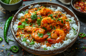 Final plating of Chingri malai curry recipe. Served on a bed of steaming rice, with prawns and creamy coconut sauce. 