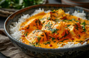 A serving of hilsa fish curry beautifully plated on a bowl of fluffy white rice for hilsa fish curry recipe