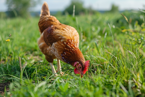 A free-range healthy chicken pecking at the lush green grass in an open field. The first stage of sourcing Antibiotic Residue-Free Chicken.