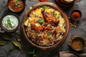 A delectable plate of Chicken Biryani garnished with fresh mint leaves, served with a side of raita and curry