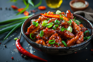 Spicy chilli chicken stir-fry with vibrant bell peppers and onion served as chicken starters