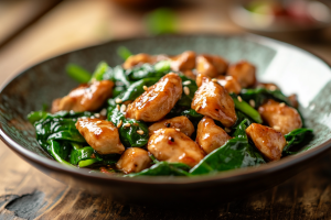 A vibrant Chicken and Spinach Stir-Fry, bursting with flavours and colours, ready to tantalise your taste buds - one of the good foods