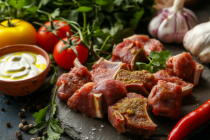 Raw mutton pieces seasoned and smeared with a paste of aromatic spices. Good marination time will help cook mutton faster.