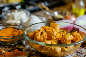 A bowl of creamy, golden preservative-free butter chicken from FreshToHome, garnished with fresh herbs in a Creamy Butter Chicken recipe