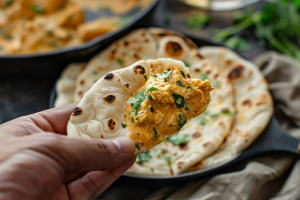 A piece of naan topped with a juicy and creamy butter chicken recipe