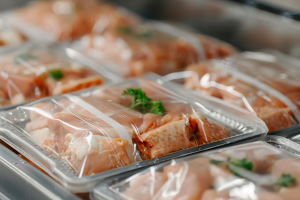 Trays of sealed meat packages arranged together - a food safety measure