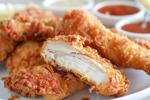 Close-up of a high-protein crunchy chicken snack, showcasing its crispy golden exterior and tender, juicy interior, accompanied by a variety of dipping sauces- chicken snacks