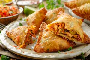 A plate of golden, crispy chicken samosas filled with a high-protein, low-oil mixture of chicken and veggies, garnished with fresh herbs- chicken snacks