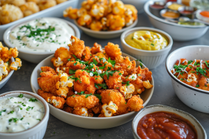 A bowl of high-protein, crunchy popcorn garnished with fresh herbs, served with various dipping sauces and snacks- chicken snacks