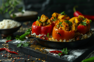 Vibrant bell peppers stuffed with leftover butter chicken, garnished with fresh herbs and served on a bed of rice- chicken recipes