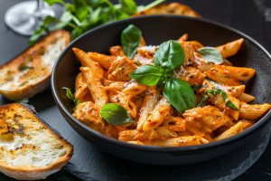 A delectable bowl of pasta mixed with creamy leftover butter chicken, garnished with fresh basil leaves, and served with toasted garlic bread.- chicken recipes