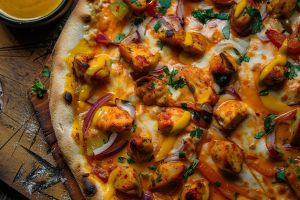 A mouthwatering pizza topped with chunks of leftover butter chicken, drizzled with cheese and garnished with fresh herbs- chicken recipes