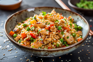 A vibrant bowl of chicken rice made with leftover butter chicken, mixed with peas, carrots, and garnished with sesame seeds and fresh herbs- chicken recipes