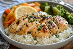 A mouthwatering plate of Lemon Garlic Chicken, served on a bed of fluffy rice with colourful veggies on the side, bursting with flavour . Have a happy cooking experience.