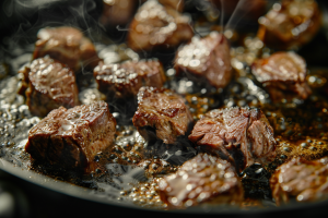 Sizzling mutton pieces searing in a hot pan, with a deliciously crispy exterior forming - faster-cooking mutton