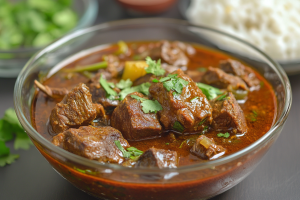 A steaming plate of Parsi Mutton Dhansak served with rice and garnished with fresh coriander.