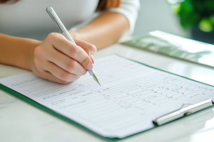 A woman thoughtfully filling out her food planner while sitting at a table, ready to organise her meals for the week for easy cooking