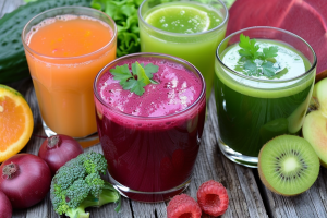 Four fresh juices in vibrant colours, with vegetables around them - to feel full and avoid overeating