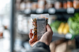 A hand holding a packaged snack with a detailed ingredient label, emphasising the importance of reading food labels and preservatives list in a grocery store setting.