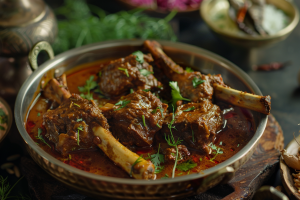 Hearty mutton curry simmered to perfection, with a rich and flavorful gravy.A fundamental dish in Royal Rajput meaty mutton recipes