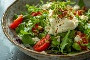 A vibrant salad recipe featuring fresh greens, cherry tomatoes, and a dollop of creamy burrata cheese, garnished with microgreens