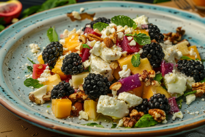 A vibrant salad recipe with a mix of fresh blackberries, diced mango, feta cheese, and nuts, garnished with mint leaves