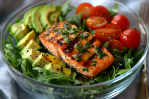 A vibrant and colourful salmon salad with perfectly cooked salmon, fresh greens, and zesty dressing - one of the good foods