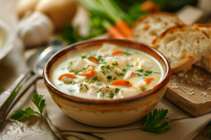 A steaming bowl of seafood soup garnished with herbs and vegetables.