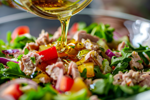 Dressing drizzled over mashed tuna salad with greens, onion, and cherry tomatoes.A seafood salad.