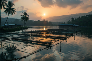 Scenic view of an Indian fish farm at sunset. Marinwater fish is directly sourced from the sea.