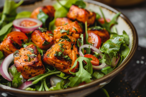 A plate of fresh greens with succulent bites of Salmon Tikka - a High-Protein breakfast