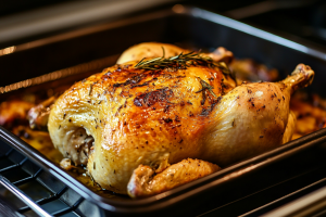 Golden-brown stuffed roast chicken, oozing with rich, savoury flavours, ready to be carved and enjoyed. A must try recipe in Anglo-Indian cuisine.