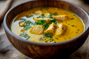 A steaming bowl of golden Turmeric and Ginger Chicken Soup, rich with tender chicken, vibrant spices, and fresh herbs - one of the good foods