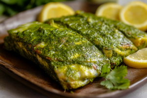 A succulent Parsi Patra Ni Machhi dish, with fish coated in a rich, aromatic green chutney, ready to be enjoyed.