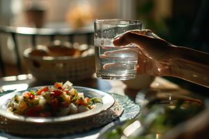 Clear glass of water held by a hand. Eat clean, avoid overeating