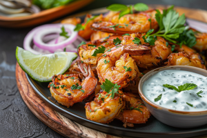 Golden grilled prawns with cream cheese dip, lemon wedge, and raw onion rings. A tasty seafood dish